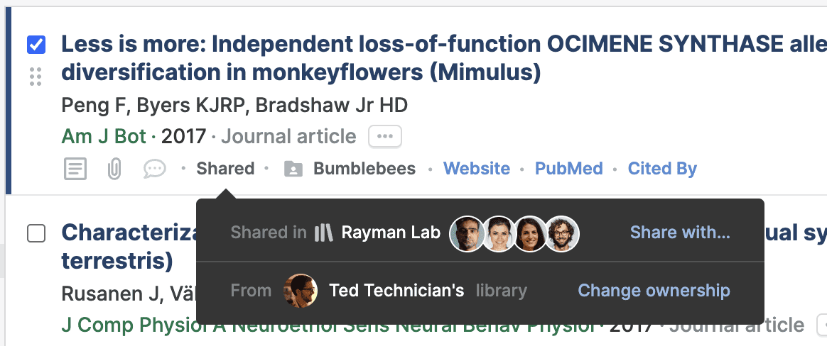 A reference’s sharing menu open, showing “Shared in Rayman Lab” with member avatars and a “Share with…” link above “From Ted Technician’s library” with a “Change ownership” link.